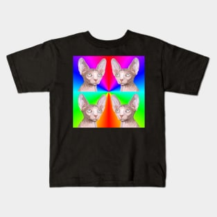 Multiple Rainbow Pop Art Sphynx Cat Faces Kids T-Shirt